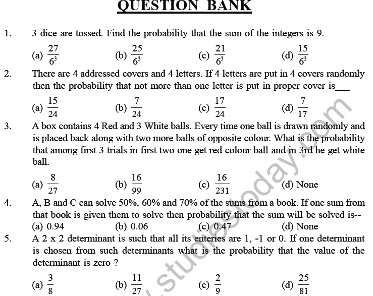 JEE Mathematics Probability MCQs Set A, Multiple Choice Questions